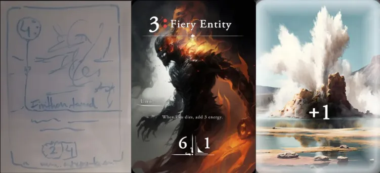 First card iterations with sketches and placeholder art