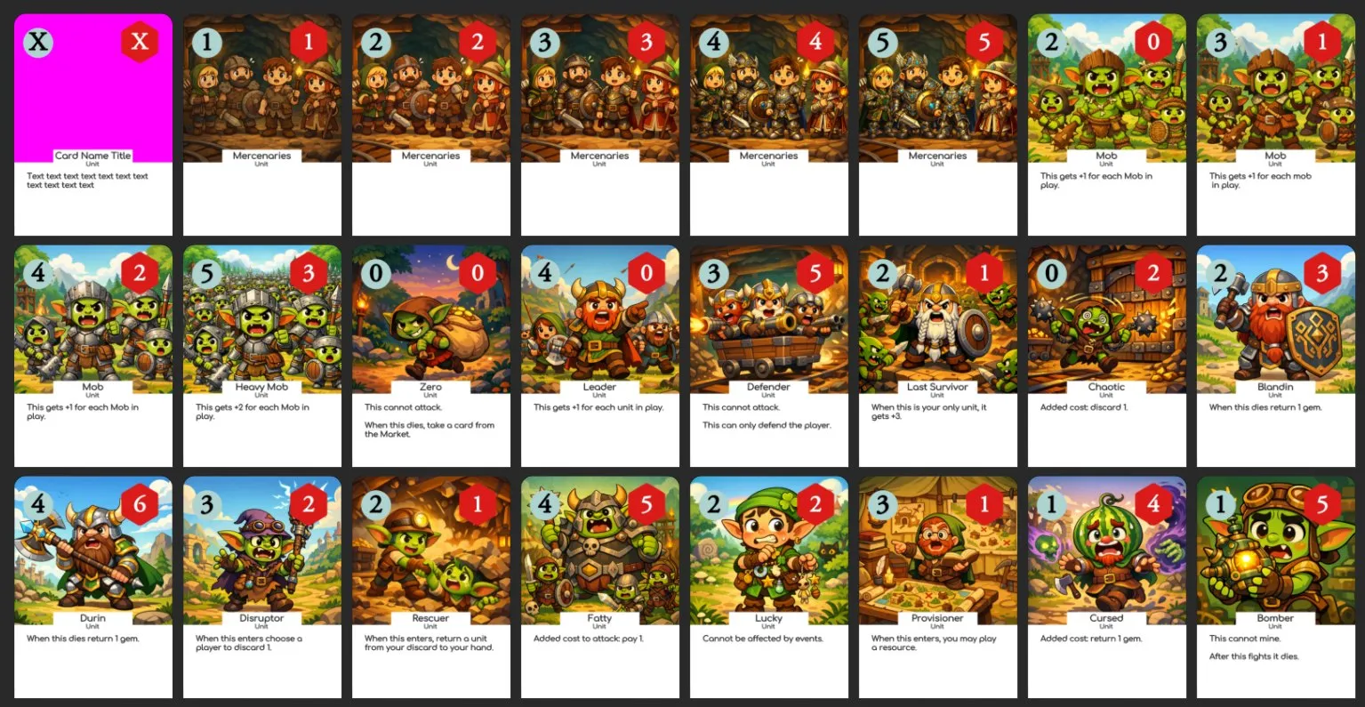 Sheet of Mine, Mine, Mine! prototype cards