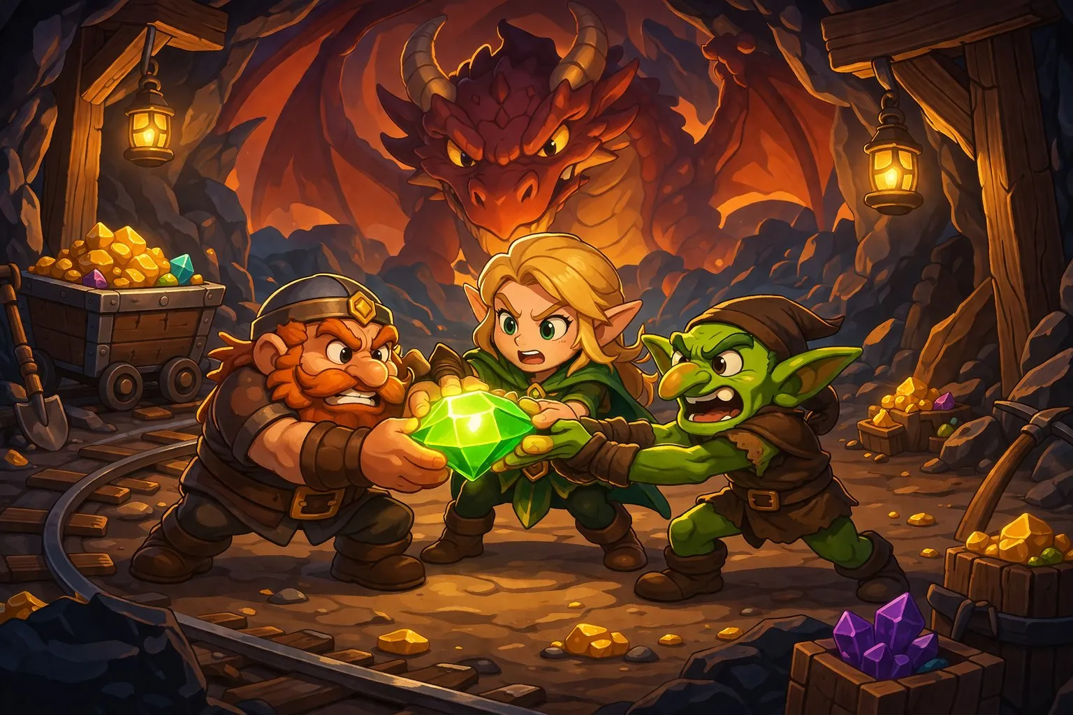 Mine, Mine, Mine! cover art: a dwarf, an elf and a goblin fight over a gem